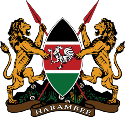 Government of Kenya Logo: Two lions on hind legs holding spears, framing a shield in red, green, and black colors