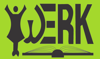 WERK Logo: A green background with a black foreground featuring the word 'WERK,' along with an image of a book and an icon of a female.