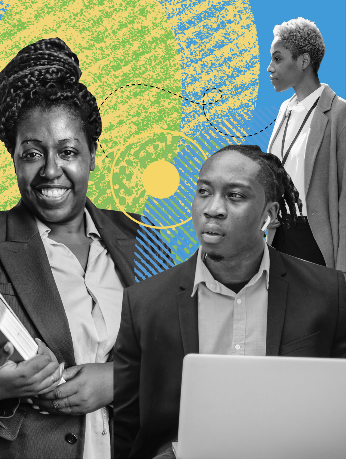 EdTech for Entrepreneurs Page Image, showing people in office work attire working on computers, and smiling at the camera.