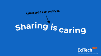 Graphic style block with blue background, and the text: Sharing Knowledge and Evidence is Caring