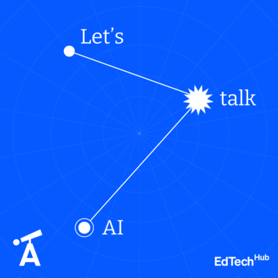 A bright blue background with a constellation style design, reading Let's Talk AI