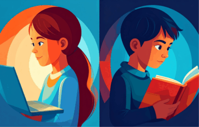 Two children on opposite sides of the world are reading under a light indicating a difference in their access to education - one has access, the other does not