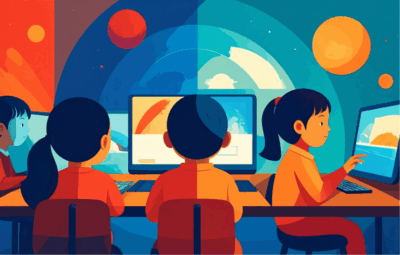 An illustration of children in a classroom in the global south use technology in the classroom