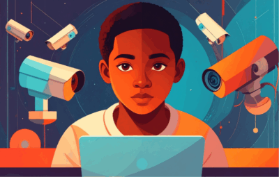 Illustration of a child using technology in the classroom with surveillance cameras watching them working