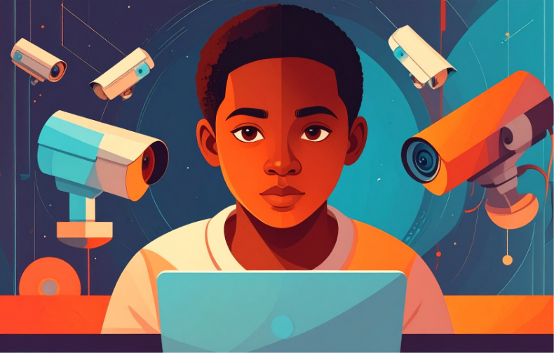 Illustration of a child using technology in the classroom with surveillance cameras watching them working