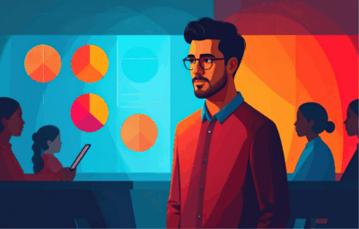 Illustration of a teacher in the classroom with a digital screen in the background with data points and graphs showing