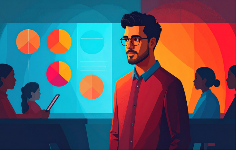 Illustration of a teacher in the classroom with a digital screen in the background with data points and graphs showing