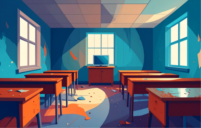 Illustration of a derelict classroom