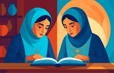 Illustration of two girls reading together