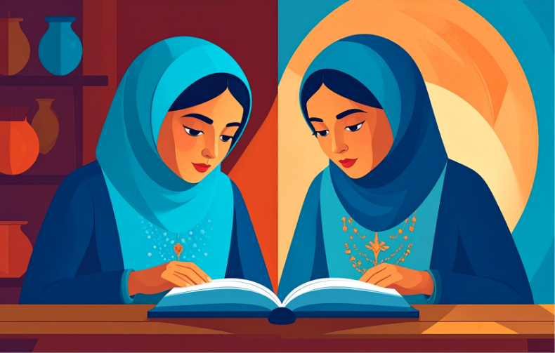 Illustration of two girls reading together