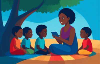 Illustration of a teacher in the global south reading to a community of learners on a blanket under a tree
