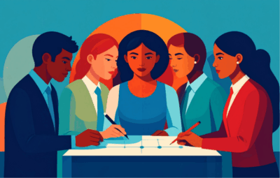 Illustration of people writing in a strategy documents