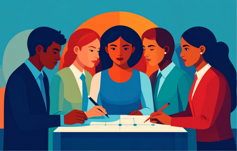 Illustration of people writing in a strategy documents